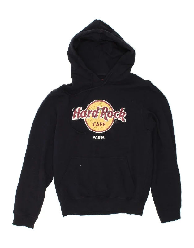 HARD ROCK CAFE Womens Paris Graphic Hoodie Jumper UK 14 Medium Navy Blue Hoodie with Hem Raw Edge Edgy Unfinished HARD ROCK CAFE Womens Paris Graphic Hoodie Jumper UK 14 Medium Navy Blue Hoodie with Hem Raw Edge Edgy Unfinished