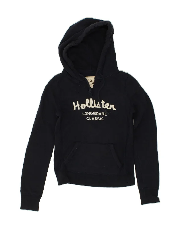 HOLLISTER Womens Graphic Hoodie Jumper UK 6 XS Navy Blue Cotton Hoodie with Raglan Sleeves Sporty Comfortable HOLLISTER Womens Graphic Hoodie Jumper UK 6 XS Navy Blue Cotton Hoodie with Raglan Sleeves Sporty Comfortable