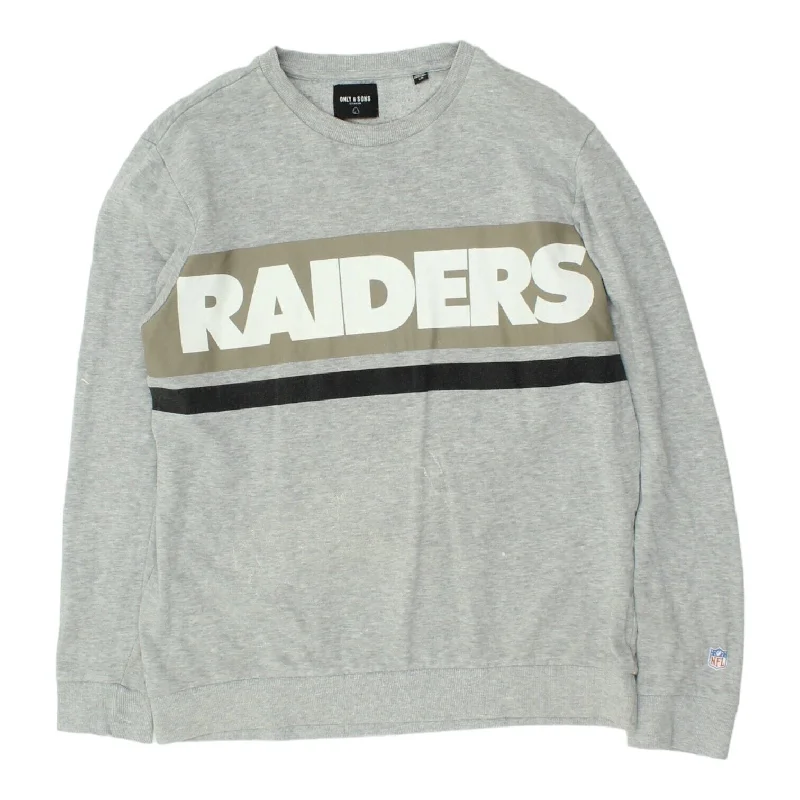 Las Vegas Raiders Mens Grey Only & Sons Sweatshirt | NFL Sportswear Sweater VTG Hoodie with Frayed Bohemian Relaxed Las Vegas Raiders Mens Grey Only & Sons Sweatshirt | NFL Sportswear Sweater VTG Hoodie with Frayed Bohemian Relaxed