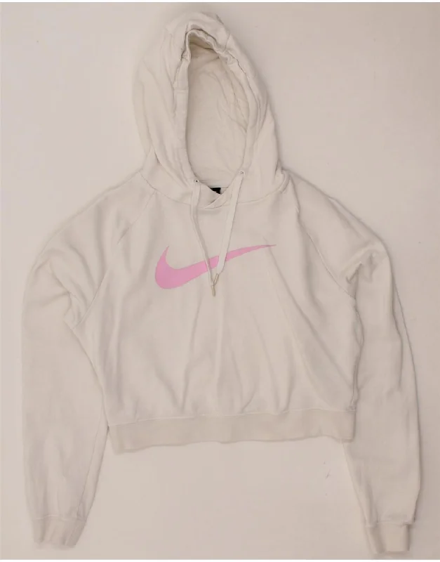 NIKE Womens Oversized Crop Graphic Hoodie Jumper UK 6 XS White Cotton Hoodie with Hem Contrast Bold Stylish