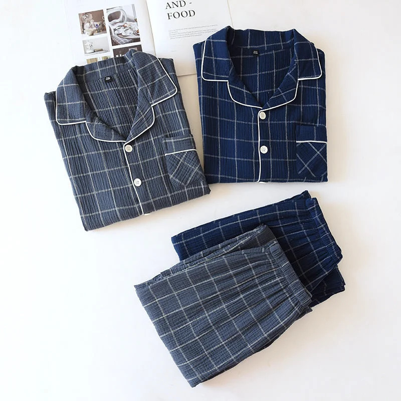 Plaid Long-Sleeved Trousers Cotton Two-Color Home couple nightwear vintage pajamas long sleeve pajamas Lapel pajamas Trousers practical durable