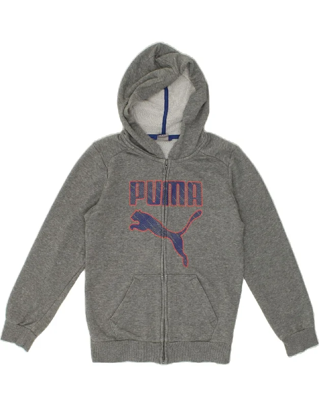 PUMA Boys Graphic Hoodie Jumper 11-12 Years Large  Grey Cotton Hoodie with Hem Raw Edge Edgy Unfinished
