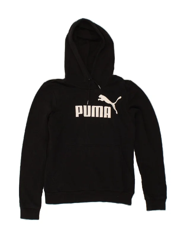 PUMA Womens Graphic Hoodie Jumper UK 8 Small Black Hoodie with Frayed Bohemian Relaxed PUMA Womens Graphic Hoodie Jumper UK 8 Small Black Hoodie with Frayed Bohemian Relaxed