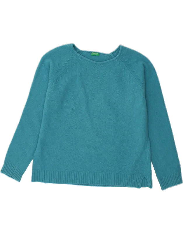 BENETTON Womens Boat Neck Jumper Sweater UK 16 Large Blue Wool Houndstooth Herringbone Solid BENETTON Womens Boat Neck Jumper Sweater UK 16 Large Blue Wool Houndstooth Herringbone Solid