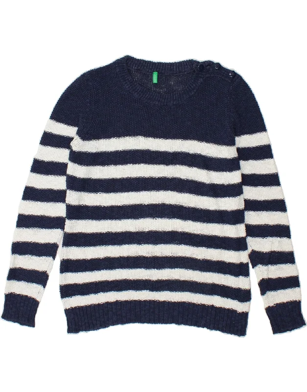 BENETTON Womens Boat Neck Jumper Sweater UK 16 Large Navy Blue Striped Cashmere Blend Cotton Blend Poly Blend