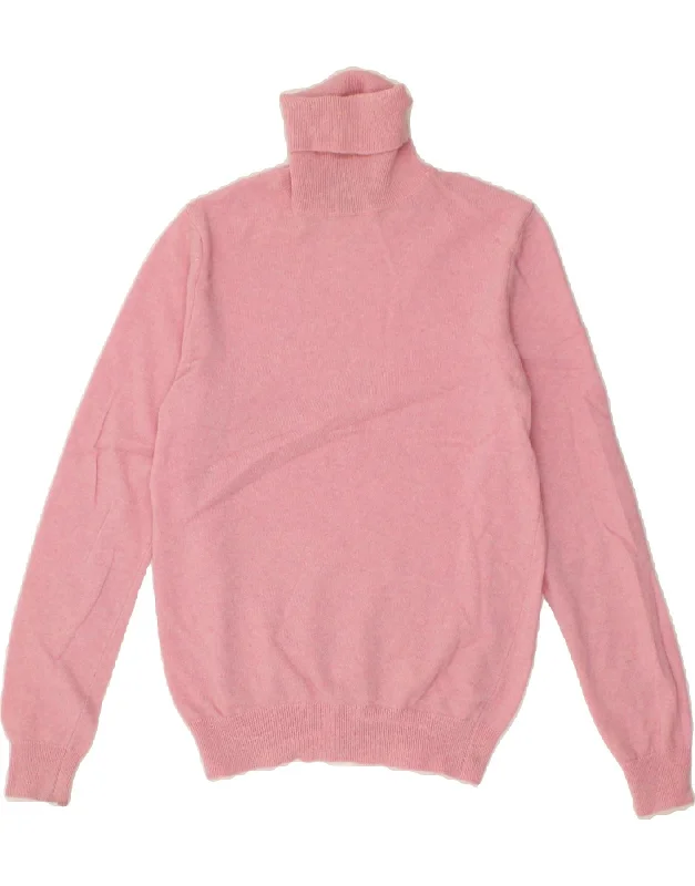 BENETTON Womens Roll Neck Jumper Sweater UK 12 Medium Pink Merino Wool Welt Pockets Slit Pockets Flap Pockets