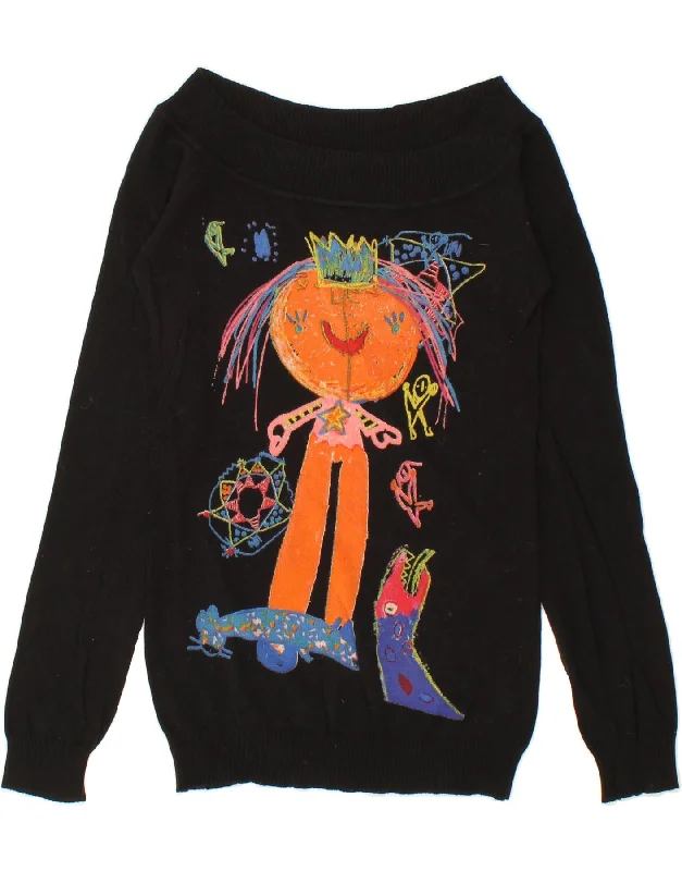 DESIGUAL Womens Graphic Boat Neck Jumper Sweater UK 10 Small Black Cotton Rayon Fabric Velvet Fabric Corduroy Fabric DESIGUAL Womens Graphic Boat Neck Jumper Sweater UK 10 Small Black Cotton Rayon Fabric Velvet Fabric Corduroy Fabric