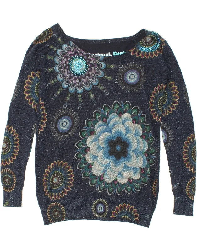 DESIGUAL Womens Graphic Boat Neck Jumper Sweater UK 14 Medium Navy Blue Silk Blend Satin Velvet DESIGUAL Womens Graphic Boat Neck Jumper Sweater UK 14 Medium Navy Blue Silk Blend Satin Velvet