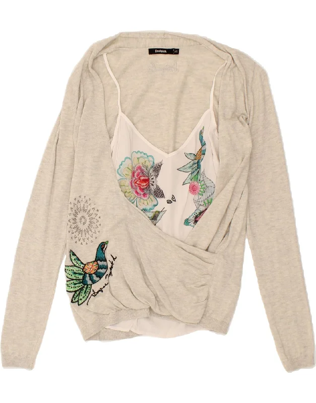 DESIGUAL Womens Graphic V-Neck Jumper Sweater UK 6 XS Beige Floral Spandex Blend Rayon Blend Denim Blend DESIGUAL Womens Graphic V-Neck Jumper Sweater UK 6 XS Beige Floral Spandex Blend Rayon Blend Denim Blend