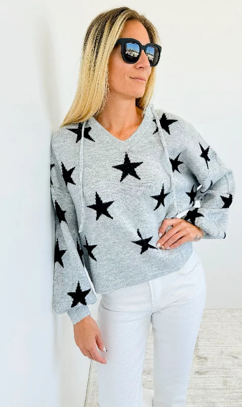 Star Printed Hoodie Sweater Beaded Sweater Sequined Faux Fur