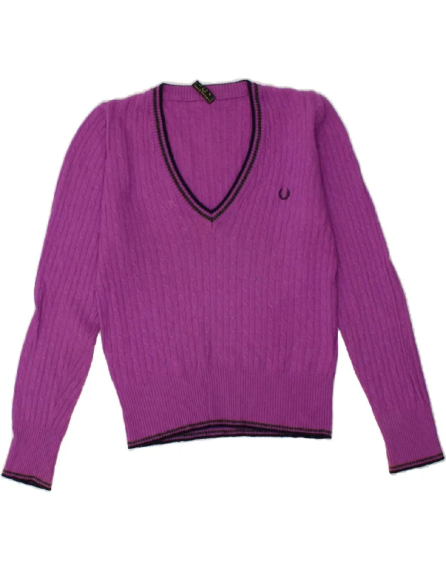 FRED PERRY Womens V-Neck Jumper Sweater UK 16 Large Purple Wool Houndstooth Herringbone Solid FRED PERRY Womens V-Neck Jumper Sweater UK 16 Large Purple Wool Houndstooth Herringbone Solid