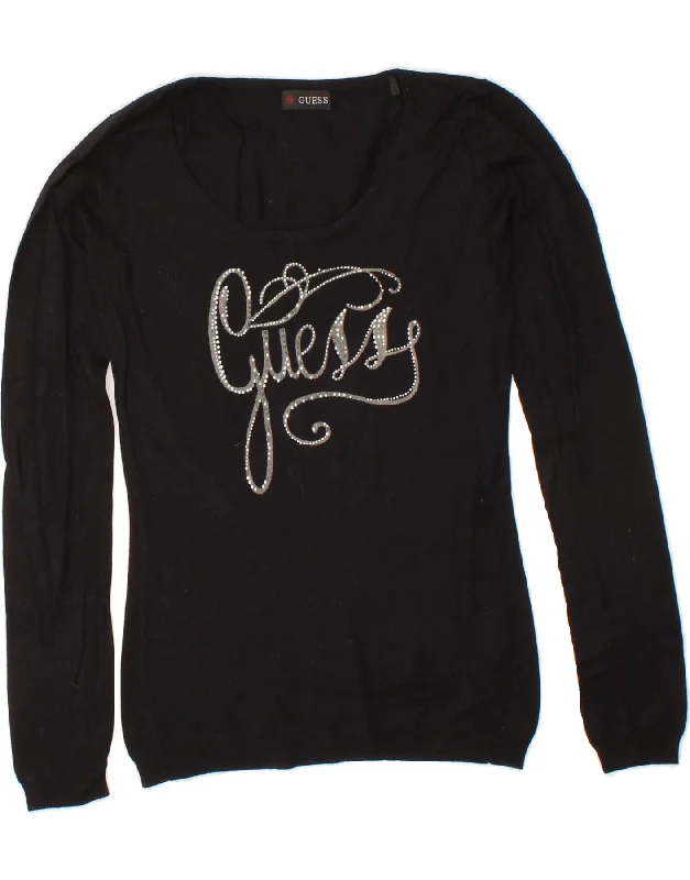 GUESS Womens Graphic Boat Neck Jumper Sweater UK 6 XS Black Viscose Boxy Sweater Fitted Sweater A-Line GUESS Womens Graphic Boat Neck Jumper Sweater UK 6 XS Black Viscose Boxy Sweater Fitted Sweater A-Line