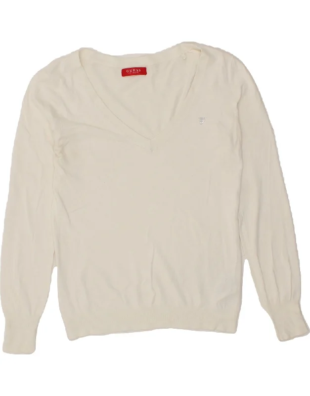 GUESS Womens V-Neck Jumper Sweater UK 6 XS White Viscose Fitted Slim Tailored