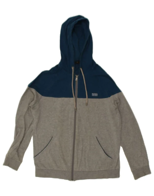 HUGO BOSS Mens Zip Hoodie Sweater Medium Grey Colourblock Cotton Graphic Sweater Embroidered Appliqued