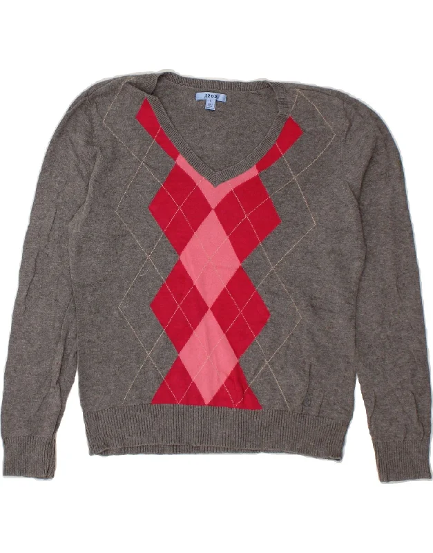 IZOD Womens V-Neck Jumper Sweater UK 16 Large Grey Argyle/Diamond Cotton Graphic Sweater Embroidered Appliqued IZOD Womens V-Neck Jumper Sweater UK 16 Large Grey Argyle/Diamond Cotton Graphic Sweater Embroidered Appliqued