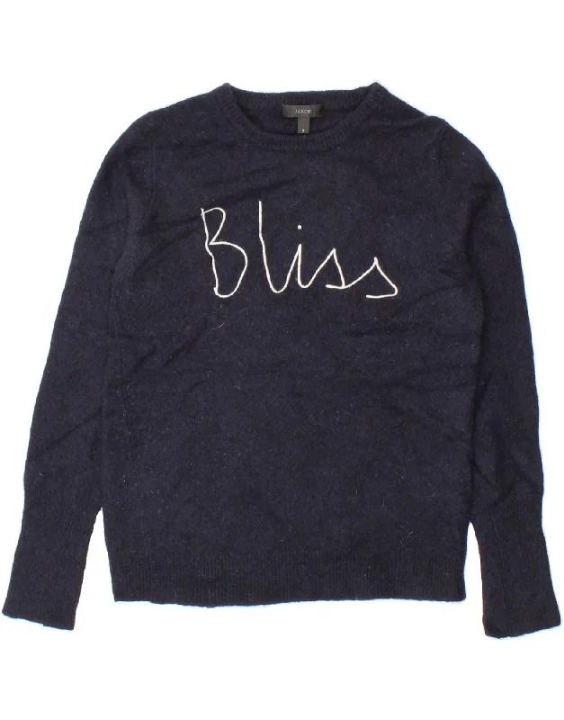 J. CREW Womens Graphic Crew Neck Jumper Sweater UK 10 Small Navy Blue Front Pockets Side Pockets Patch Pockets J. CREW Womens Graphic Crew Neck Jumper Sweater UK 10 Small Navy Blue Front Pockets Side Pockets Patch Pockets