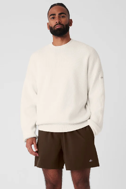 Scholar Crew Neck Sweater - Ivory Ribbed Striped Patterned