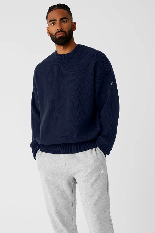 Scholar Crew Neck Sweater - Navy Nylon Fabric Polyester Fabric Spandex Fabric