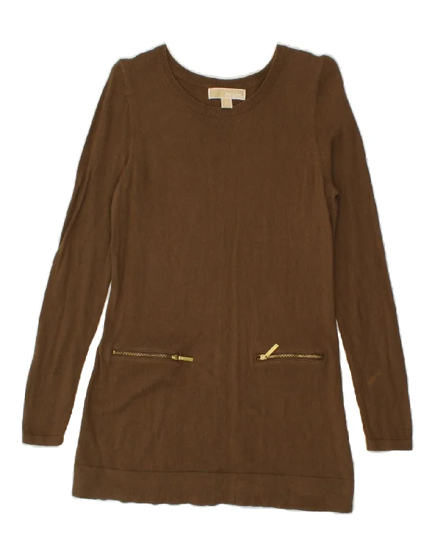 MICHAEL KORS Womens Longline Boat Neck Jumper Sweater UK 12 Medium Khaki Solid Print Embellished MICHAEL KORS Womens Longline Boat Neck Jumper Sweater UK 12 Medium Khaki Solid Print Embellished