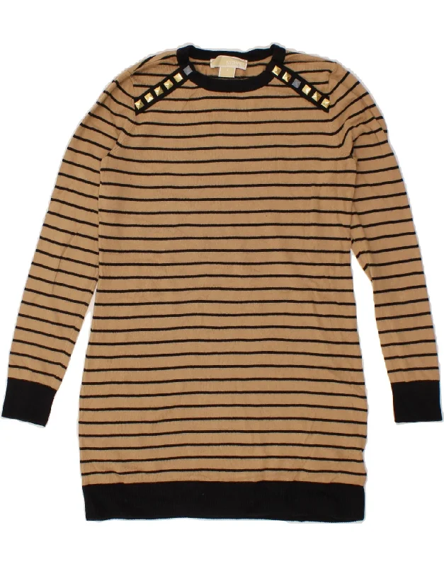 MICHAEL KORS Womens Longline Crew Neck Jumper Sweater UK 10 Small Brown Real Fur Shearling Chenille MICHAEL KORS Womens Longline Crew Neck Jumper Sweater UK 10 Small Brown Real Fur Shearling Chenille
