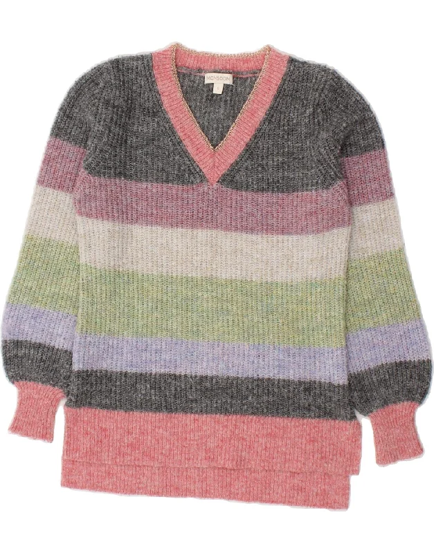MONSOON Womens V-Neck Jumper Sweater UK 10 Small Multicoloured Colourblock Glossy Satin Silk MONSOON Womens V-Neck Jumper Sweater UK 10 Small Multicoloured Colourblock Glossy Satin Silk