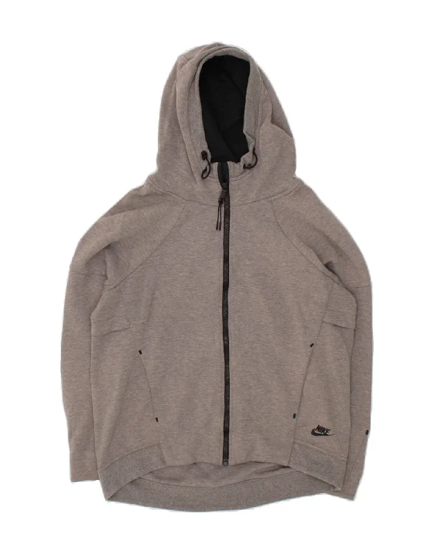 NIKE Womens Zip Hoodie Sweater UK 14 Medium Grey Polyester Solid Print Embellished