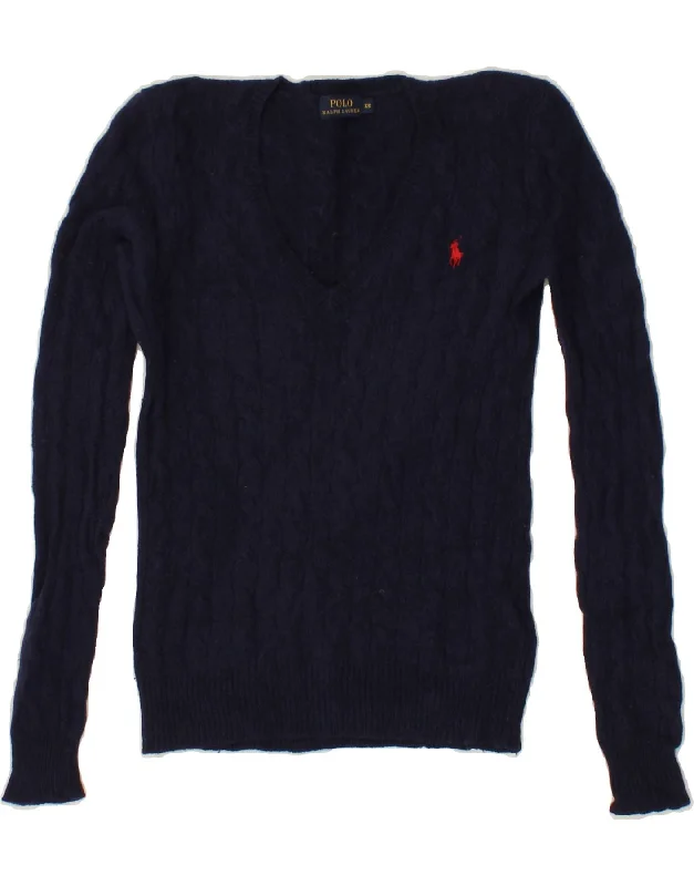 POLO RALPH LAUREN Womens V-Neck Jumper Sweater UK 6 XS Navy Blue Wool Cashmere Blend Cotton Blend Poly Blend POLO RALPH LAUREN Womens V-Neck Jumper Sweater UK 6 XS Navy Blue Wool Cashmere Blend Cotton Blend Poly Blend