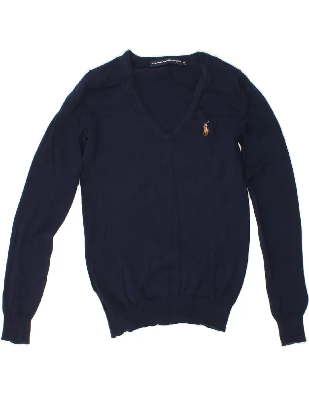 RALPH LAUREN Womens V-Neck Jumper Sweater UK 16 XS Navy Blue Cotton Turtle Neck Boat Neck Asymmetrical Neck RALPH LAUREN Womens V-Neck Jumper Sweater UK 16 XS Navy Blue Cotton Turtle Neck Boat Neck Asymmetrical Neck
