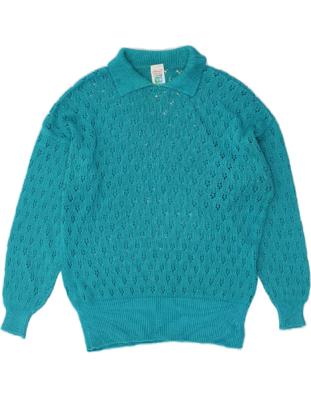 ST MICHAEL Womens Loose Fit Polo Neck Jumper Sweater UK 12/14 Medium Blue Herringbone Houndstooth Plaid ST MICHAEL Womens Loose Fit Polo Neck Jumper Sweater UK 12/14 Medium Blue Herringbone Houndstooth Plaid