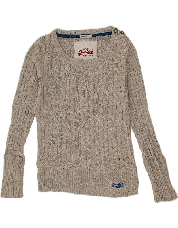SUPERDRY Womens Boat Neck Jumper Sweater UK 12 Medium Grey Flecked Cotton Solid Print Embellished SUPERDRY Womens Boat Neck Jumper Sweater UK 12 Medium Grey Flecked Cotton Solid Print Embellished