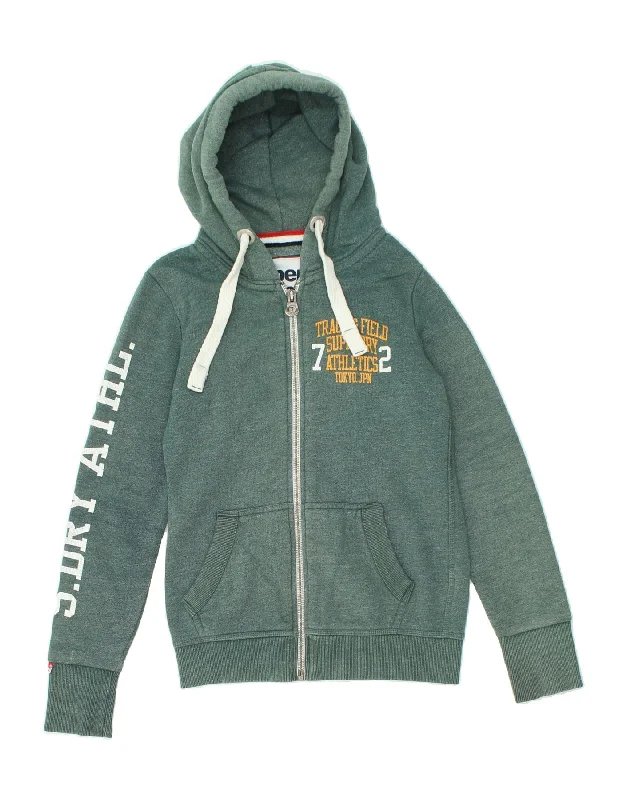 SUPERDRY Womens Track & Field Graphic Zip Hoodie Sweater UK 8 Small Green Ribbed Striped Patterned SUPERDRY Womens Track & Field Graphic Zip Hoodie Sweater UK 8 Small Green Ribbed Striped Patterned