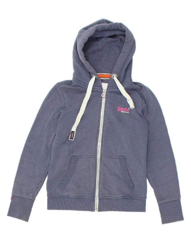 SUPERDRY Womens Zip Hoodie Sweater UK 12 Medium Blue Cotton Notch Collar Peter Pan Collar Cowl Neck SUPERDRY Womens Zip Hoodie Sweater UK 12 Medium Blue Cotton Notch Collar Peter Pan Collar Cowl Neck