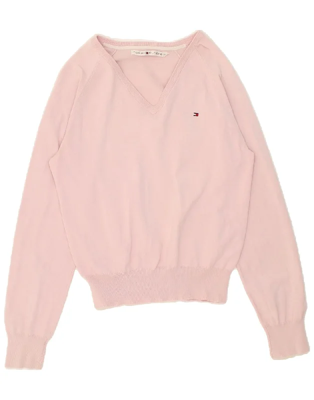 TOMMY HILFIGER Womens V-Neck Jumper Sweater UK 14 Large Pink Cotton Zippered Front Buttoned Front Snap Front TOMMY HILFIGER Womens V-Neck Jumper Sweater UK 14 Large Pink Cotton Zippered Front Buttoned Front Snap Front