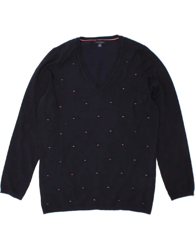 TOMMY HILFIGER Womens V-Neck Jumper Sweater UK 18 XL Navy Blue Cotton Zippered Front Buttoned Front Snap Front TOMMY HILFIGER Womens V-Neck Jumper Sweater UK 18 XL Navy Blue Cotton Zippered Front Buttoned Front Snap Front