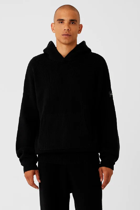 Scholar Hooded Sweater - Black Zippered Buttoned Snapped