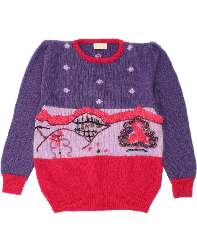 VINTAGE Womens Boat Neck Jumper Sweater UK 14 Large Purple Colourblock Real Fur Shearling Chenille VINTAGE Womens Boat Neck Jumper Sweater UK 14 Large Purple Colourblock Real Fur Shearling Chenille