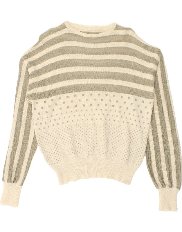 VINTAGE Womens Boat Neck Jumper Sweater UK 16 Large Off White Striped Graphic Sweater Embroidered Appliqued VINTAGE Womens Boat Neck Jumper Sweater UK 16 Large Off White Striped Graphic Sweater Embroidered Appliqued