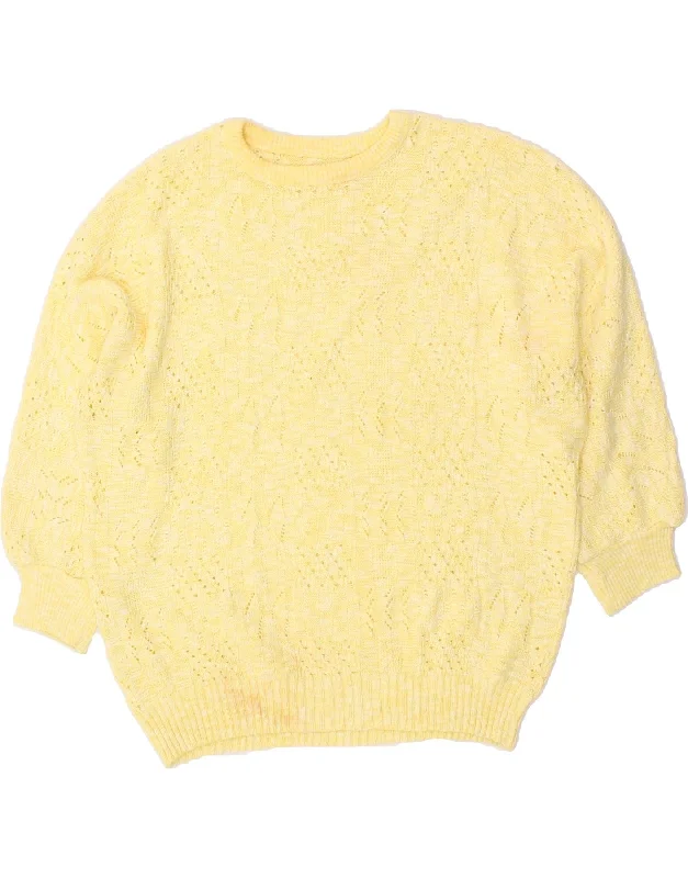 VINTAGE Womens Crew Neck Jumper Sweater UK 12 Medium Yellow Wool Fitted Slim Tailored VINTAGE Womens Crew Neck Jumper Sweater UK 12 Medium Yellow Wool Fitted Slim Tailored