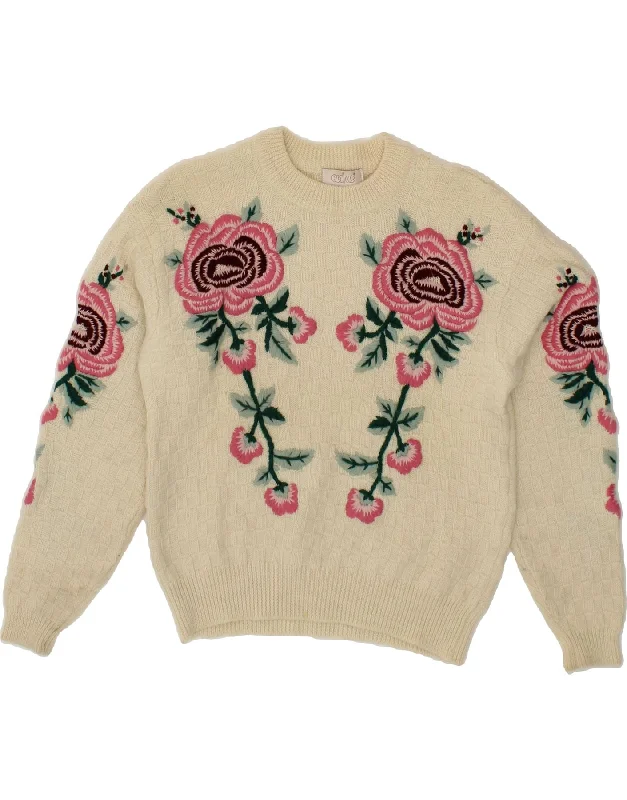VINTAGE Womens Crew Neck Jumper Sweater UK 14 Medium Off White Floral Seamless Knitted Crochet VINTAGE Womens Crew Neck Jumper Sweater UK 14 Medium Off White Floral Seamless Knitted Crochet