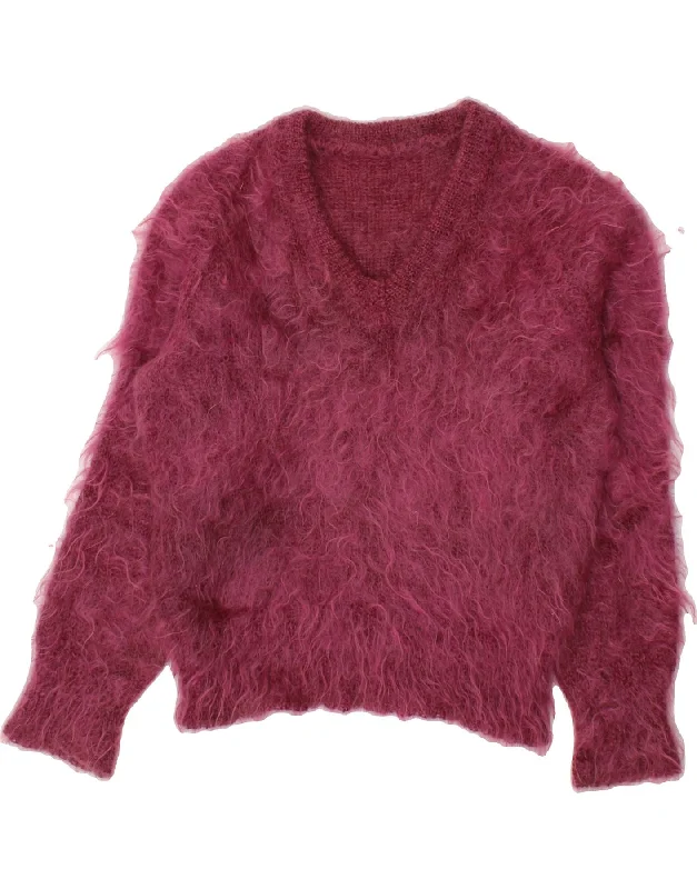 VINTAGE Womens Crop V-Neck Jumper Sweater UK 14 Large Pink Chenille Brocade Lace