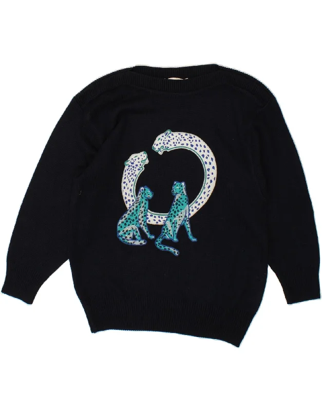 VINTAGE Womens Graphic Boat Neck Jumper Sweater EU 38 Medium Navy Blue Soft Cozy Warm VINTAGE Womens Graphic Boat Neck Jumper Sweater EU 38 Medium Navy Blue Soft Cozy Warm