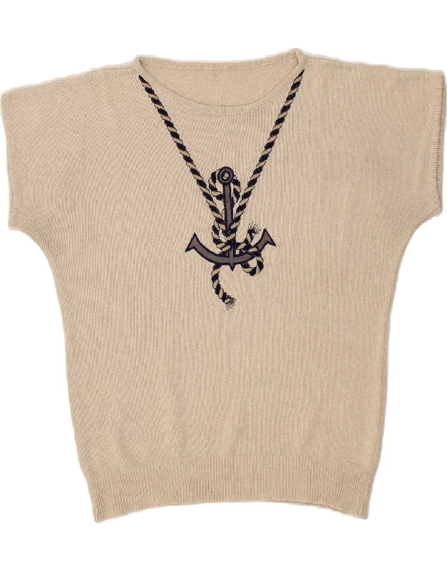 VINTAGE Womens Short Sleeve Crew Neck Jumper Sweater UK 14 Medium Beige Machine Wash Dry Clean Hand Wash VINTAGE Womens Short Sleeve Crew Neck Jumper Sweater UK 14 Medium Beige Machine Wash Dry Clean Hand Wash