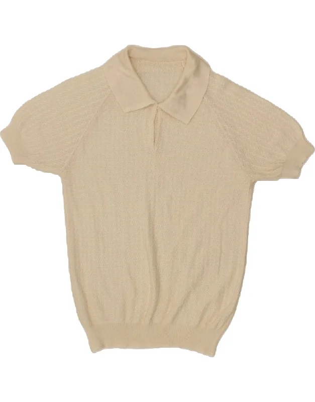VINTAGE Womens Short Sleeve Polo Neck Jumper Sweater UK 12 Medium Beige Boat Neck Shawl Collar Notched Collar VINTAGE Womens Short Sleeve Polo Neck Jumper Sweater UK 12 Medium Beige Boat Neck Shawl Collar Notched Collar