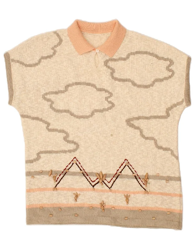 VINTAGE Womens Short Sleeve Polo Neck Jumper Sweater UK 16 Large Beige Handmade Hand-knitted Hand-woven