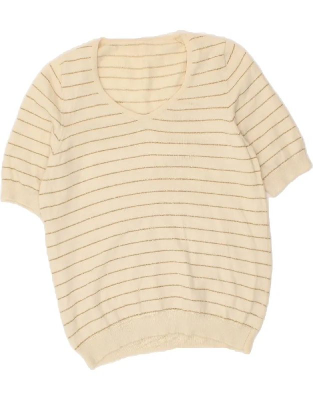 VINTAGE Womens Short Sleeve V-Neck Jumper Sweater UK 12 Medium Beige Oversized Loose Flowy VINTAGE Womens Short Sleeve V-Neck Jumper Sweater UK 12 Medium Beige Oversized Loose Flowy