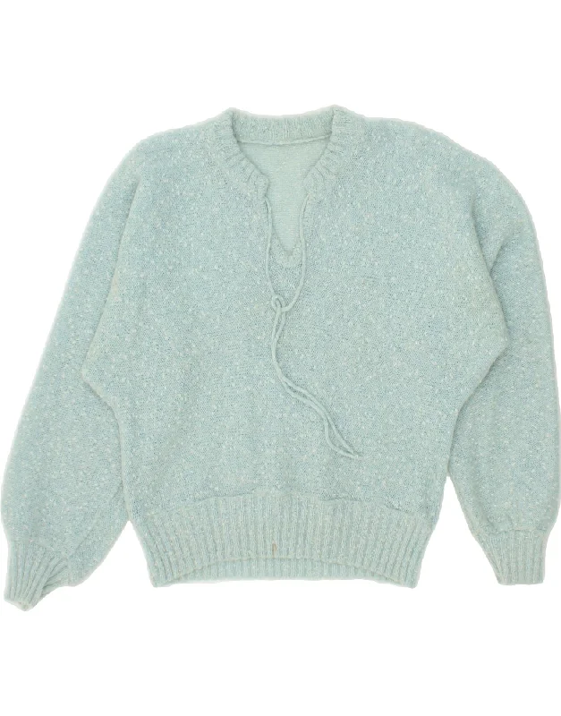 VINTAGE Womens V-Neck Jumper Sweater UK 12 Medium Blue Flecked Chenille Brocade Lace VINTAGE Womens V-Neck Jumper Sweater UK 12 Medium Blue Flecked Chenille Brocade Lace