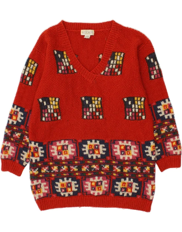 VINTAGE Womens V-Neck Jumper Sweater UK 18 XL Red Fair Isle Wool Cable Knit Ribbed Knit Lace Knit VINTAGE Womens V-Neck Jumper Sweater UK 18 XL Red Fair Isle Wool Cable Knit Ribbed Knit Lace Knit