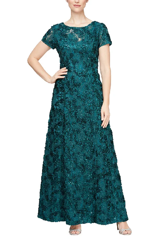 Rosette A-Line Gown with Sequin Detail & Short Illusion Sleeves
