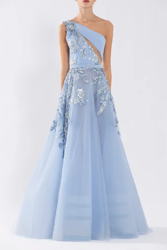 Asymetrical neckline tulle and crepe dress