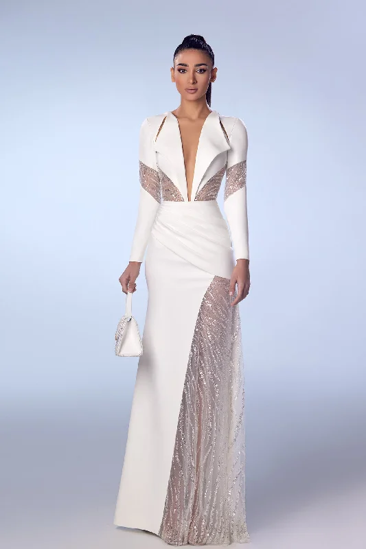 Asymmetrical crepe dress with beaded tulle